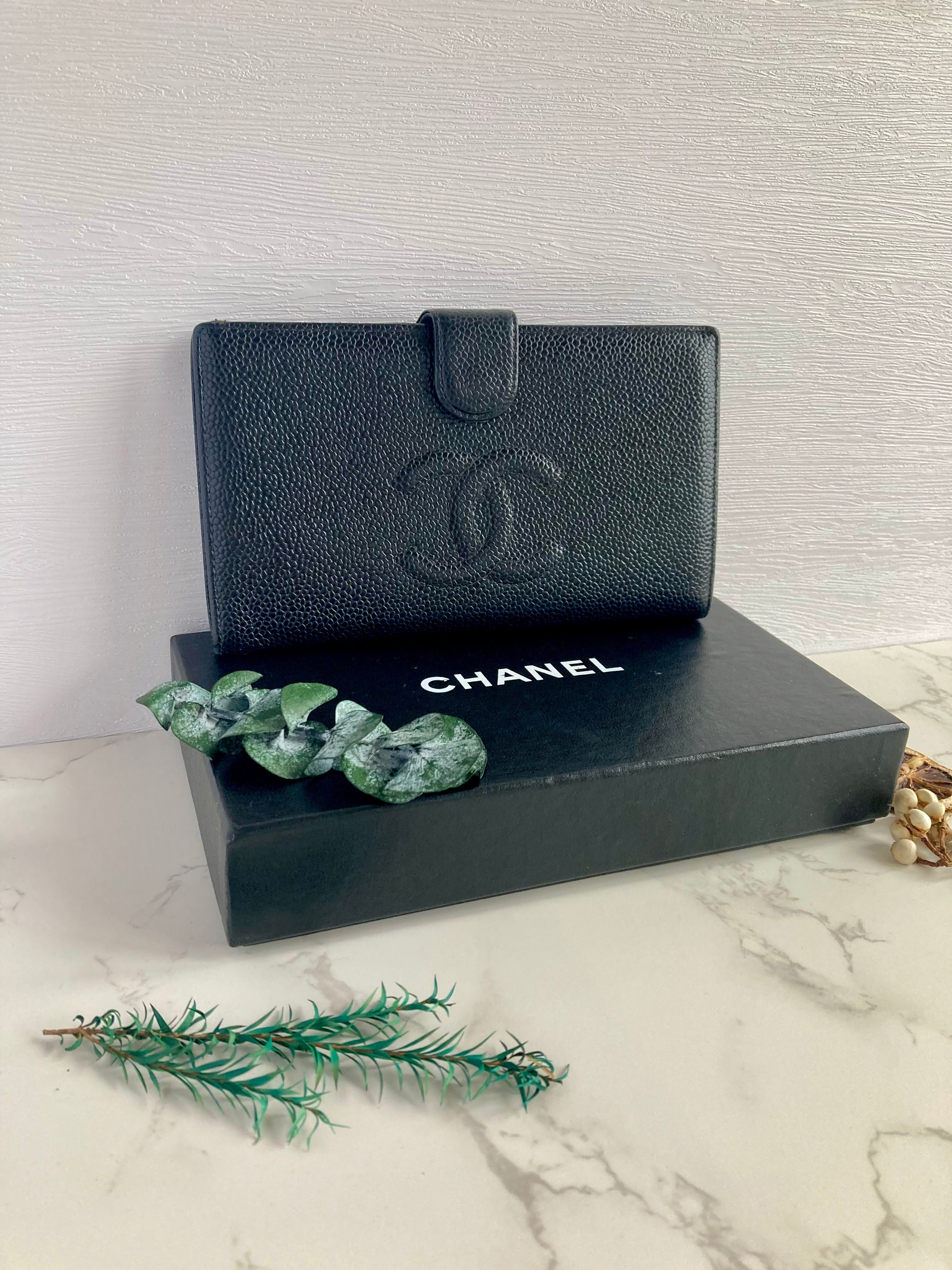 CHANEL Black Caviar Leather Long Wallet with Gold Hardware 