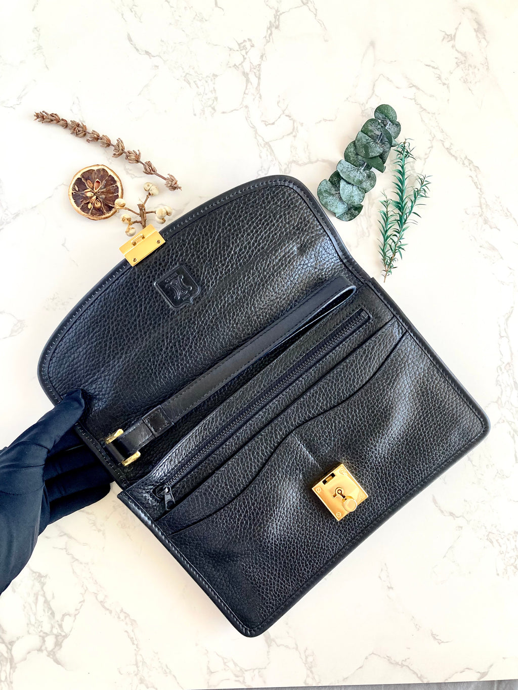 CELINE Black x Gold Leather Clutch
