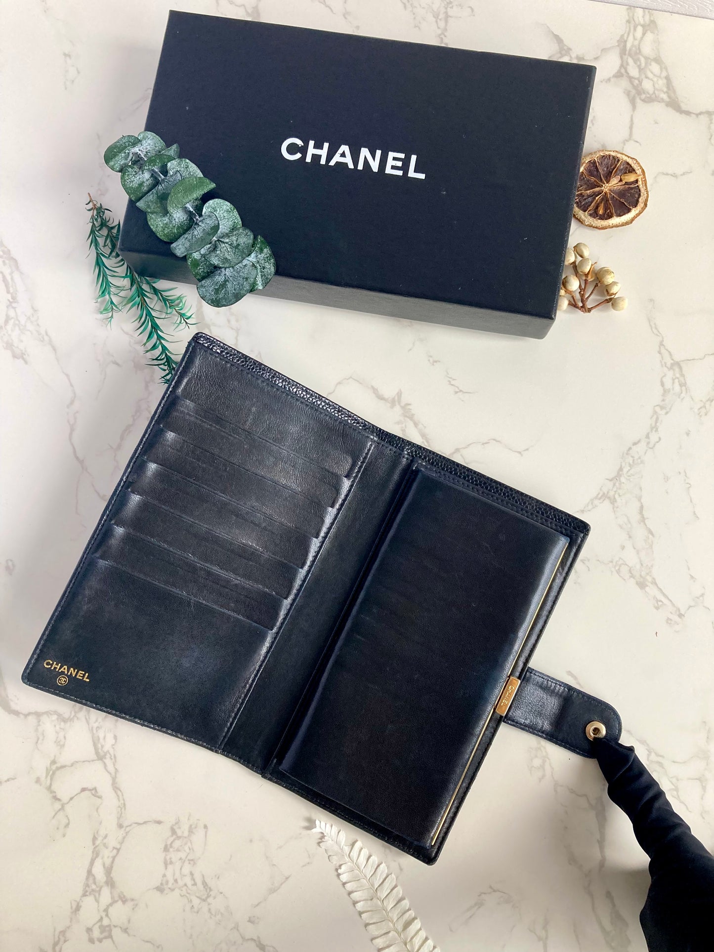 CHANEL Black Caviar Leather Long Wallet with Gold Hardware