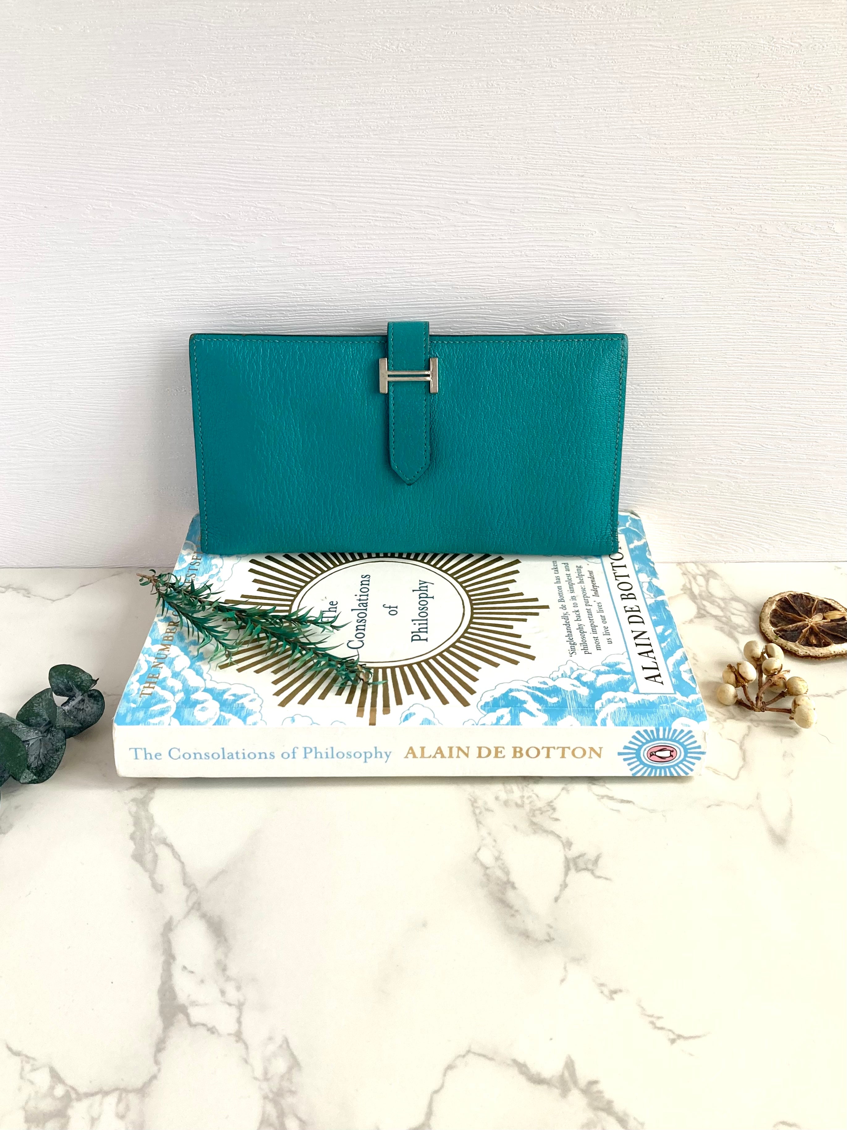 HERMES 7F Bleu Paon Bearn Bi-fold Long Wallet 