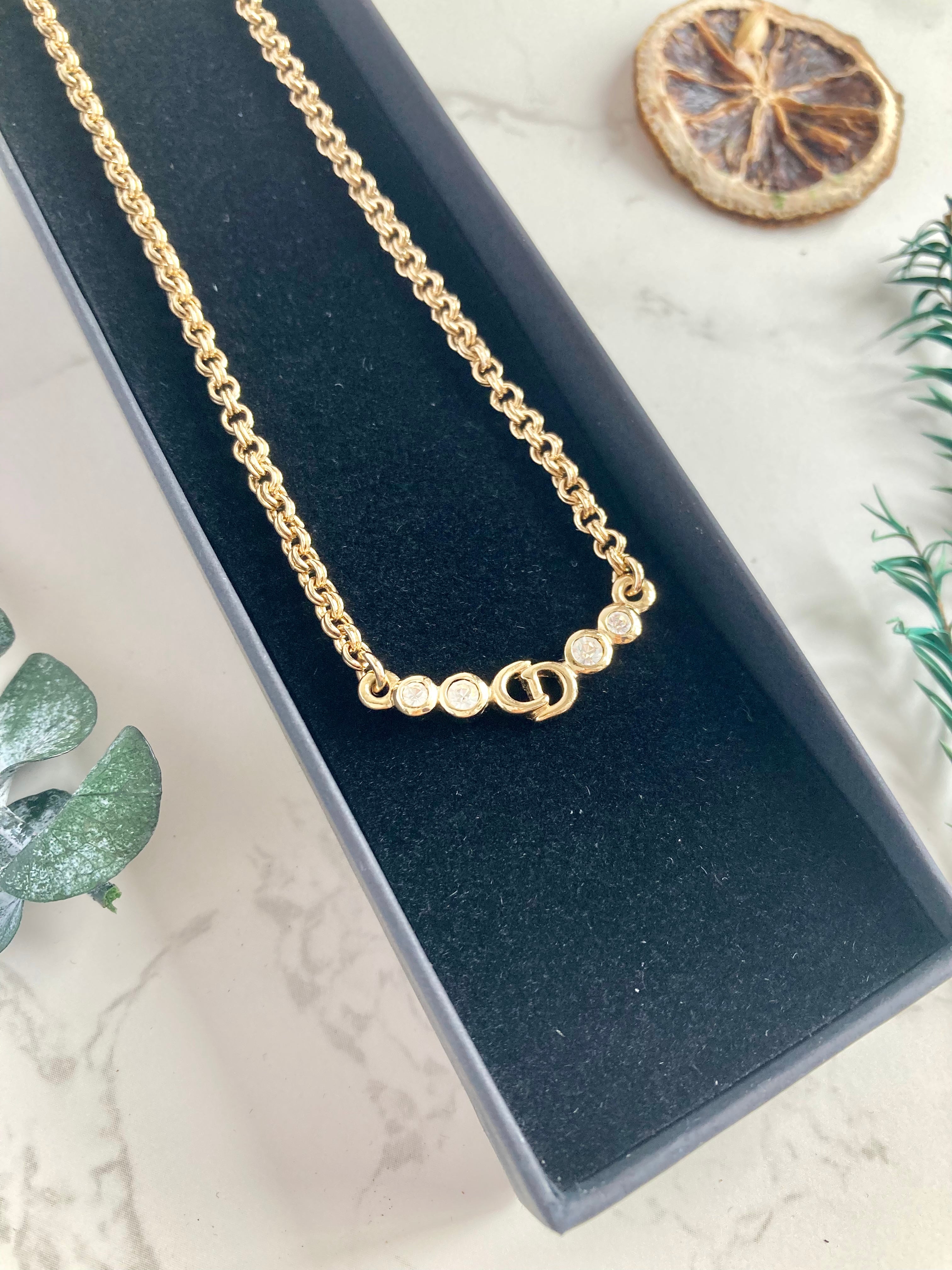 CHRISTIAN DIOR Logo Rhinestone Necklace 