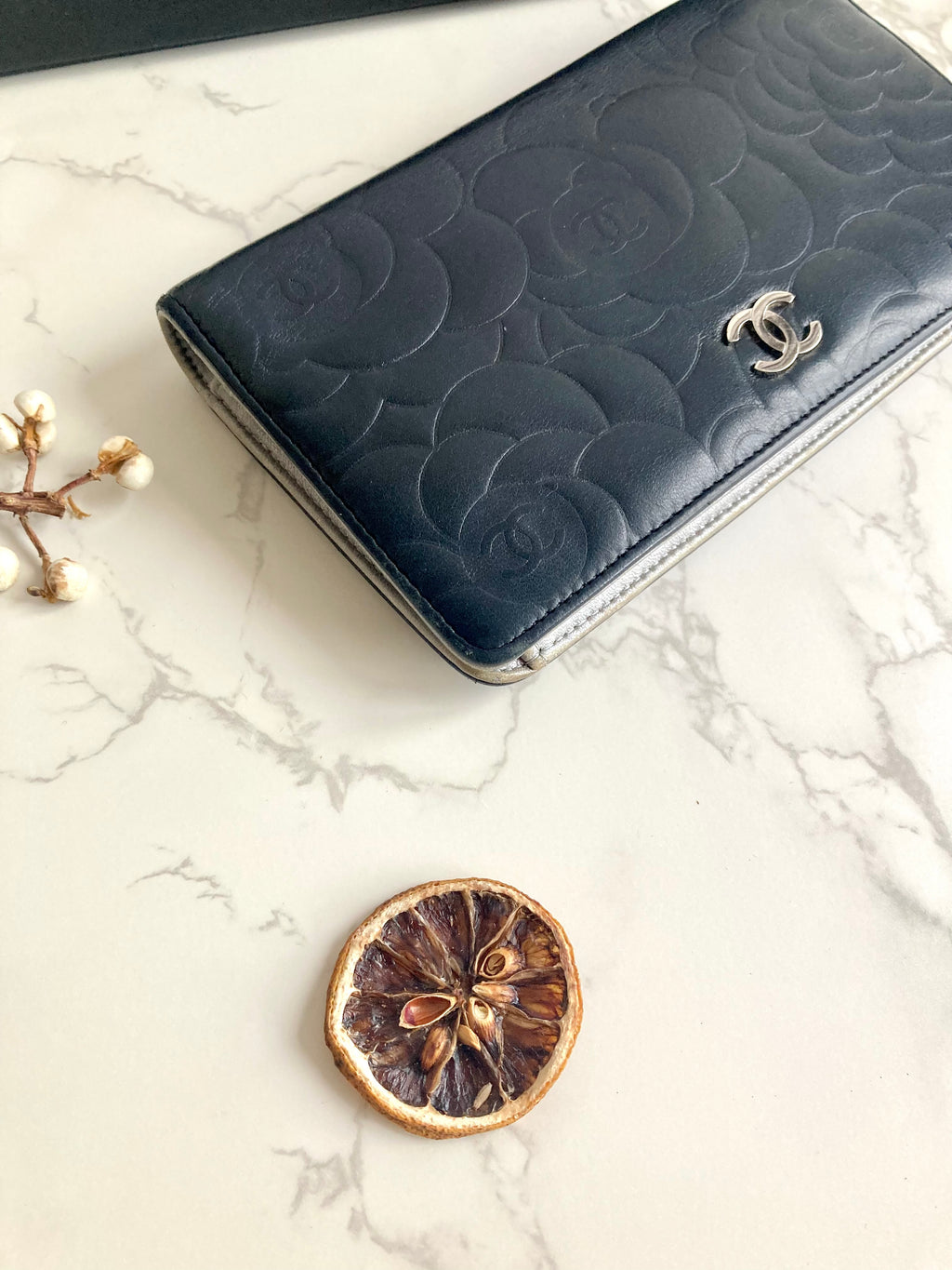 CHANEL Camellia Silver CC Long Wallet (with Add-on Chain) 