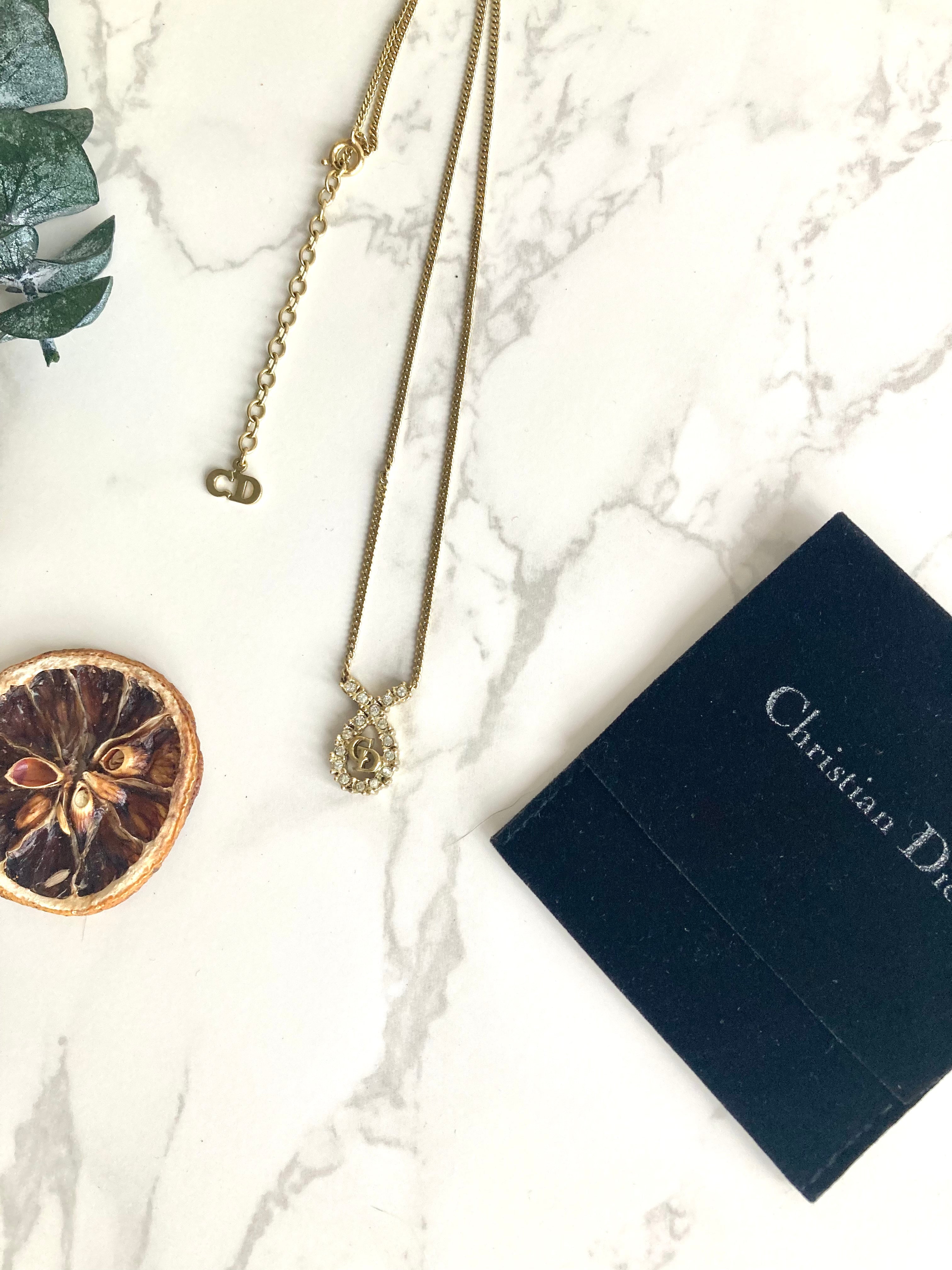CHRISTIAN DIOR Logo Rhinestone Necklace 