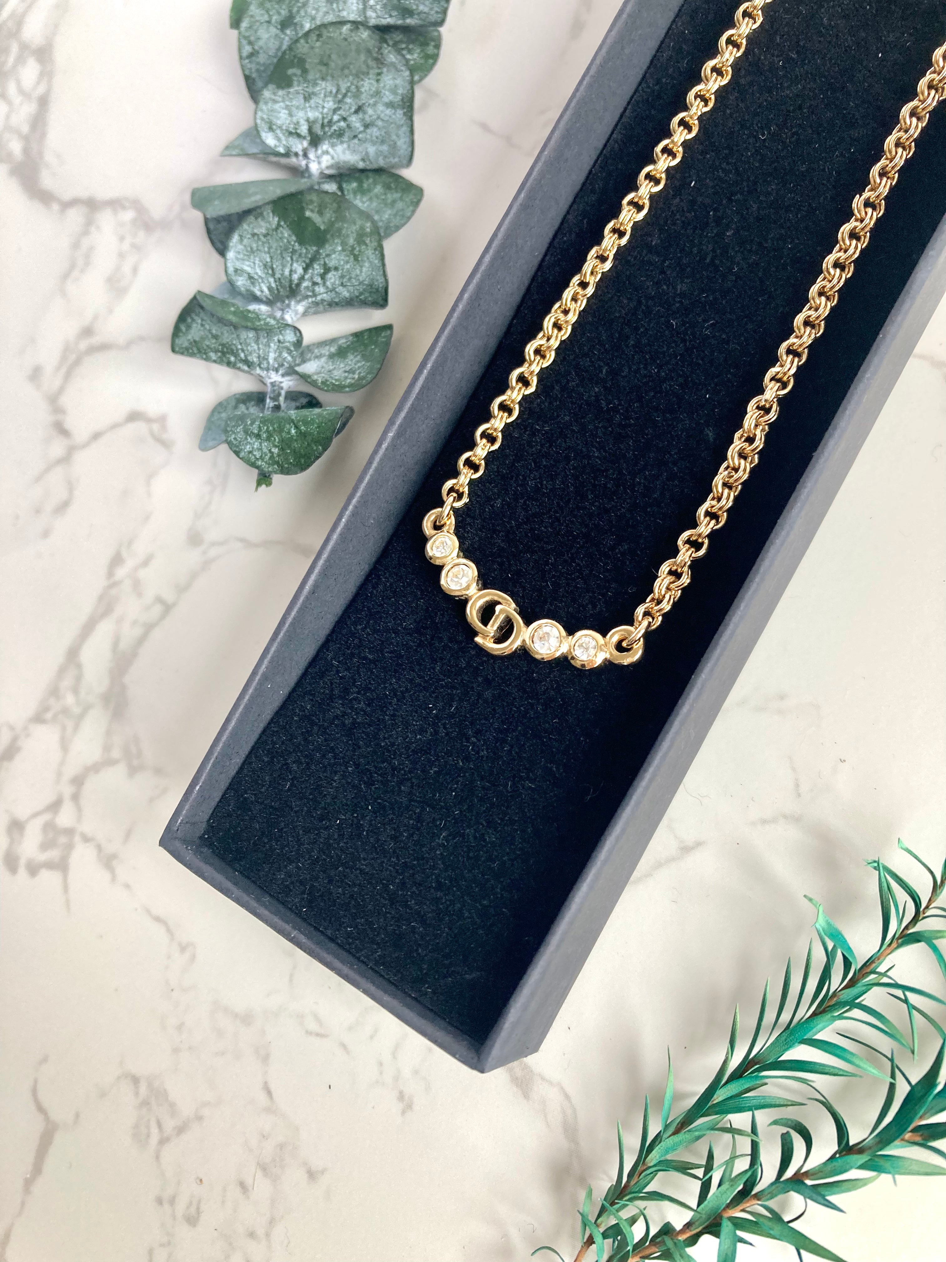 CHRISTIAN DIOR Logo Rhinestone Necklace 