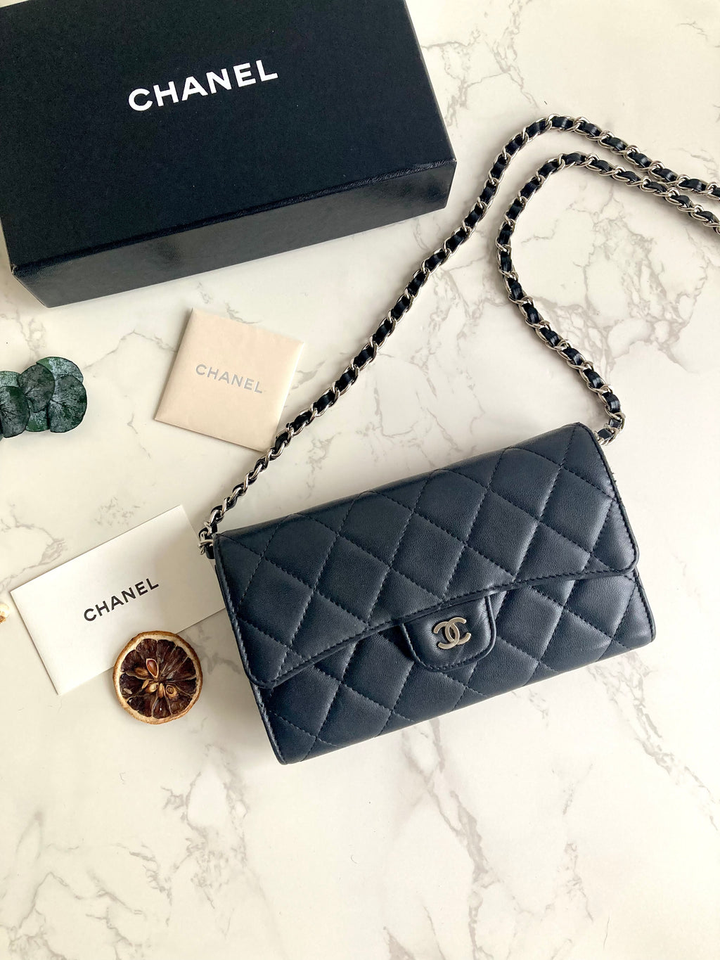 CHANEL Classic Lamb Skin Long Wallet (with Add-on Chain) 