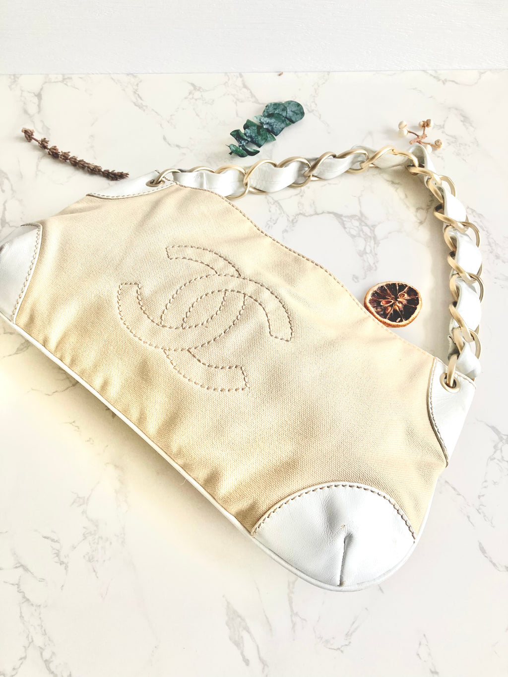 CHANEL White x Beige Chain Shoulder Bag 