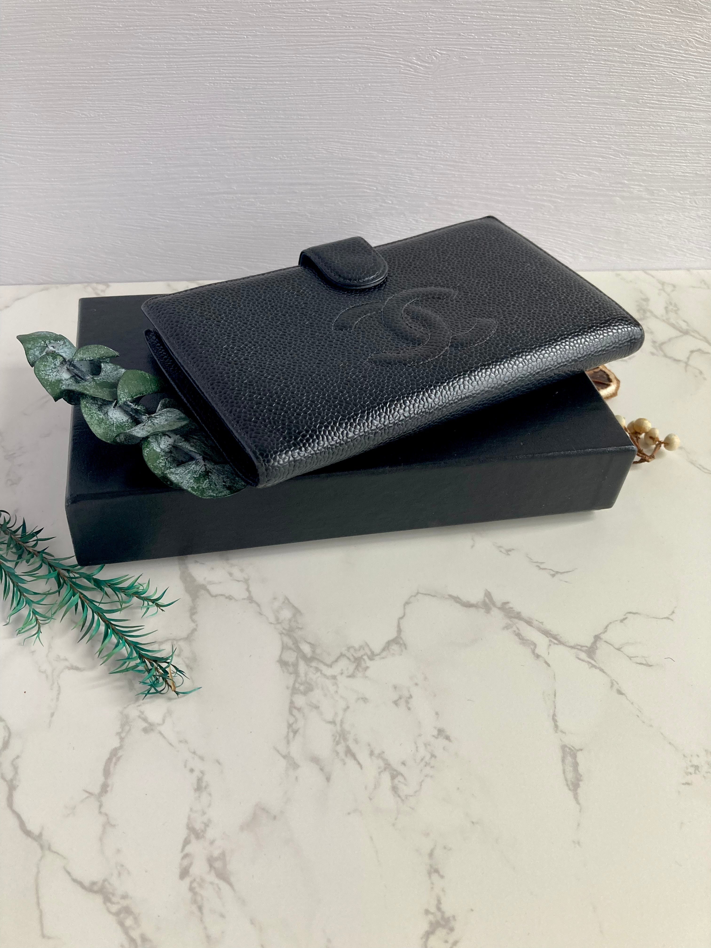 CHANEL Black Caviar Leather Long Wallet with Gold Hardware 