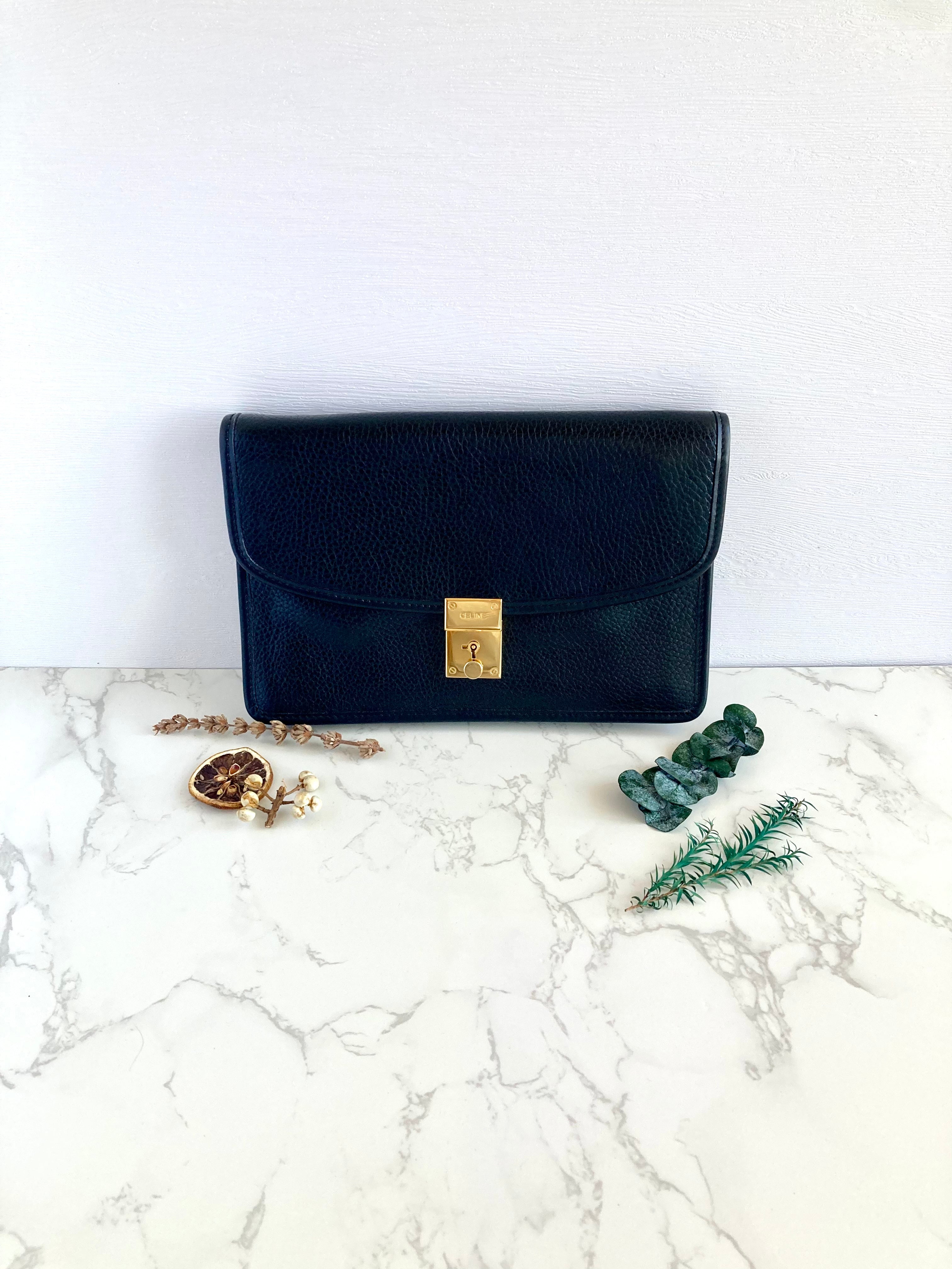 CELINE Black x Gold Leather Clutch 