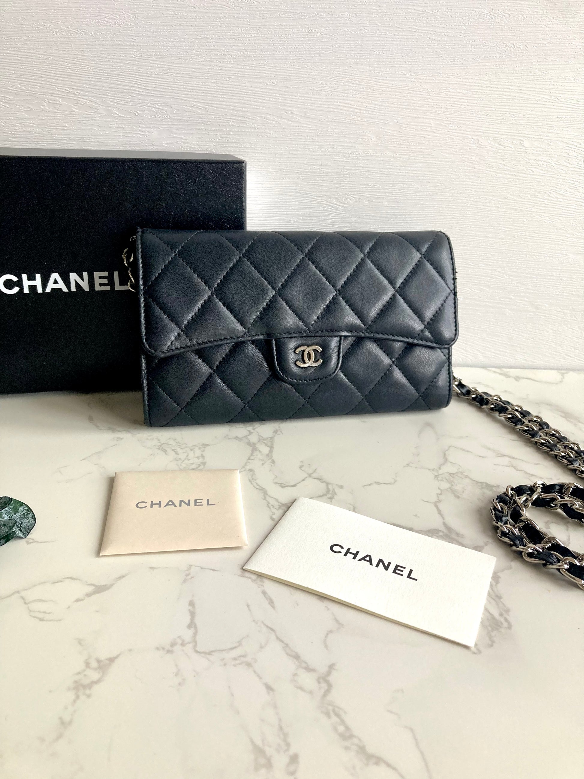 CHANEL Classic Lamb Skin Long Wallet (with Add-on Chain)