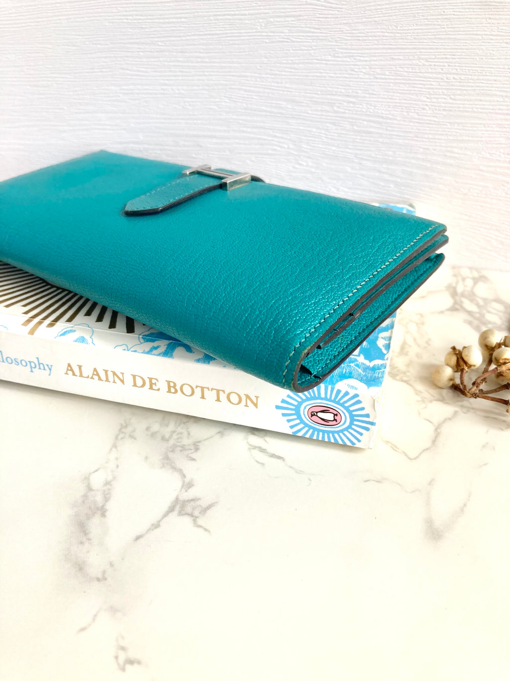 HERMES 7F Bleu Paon Bearn Bi-fold Long Wallet
