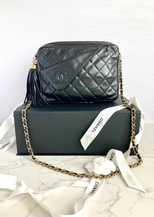 CHANEL Year 1989-1991 Series 1 Lamb Skin Black Classic Camera Bag