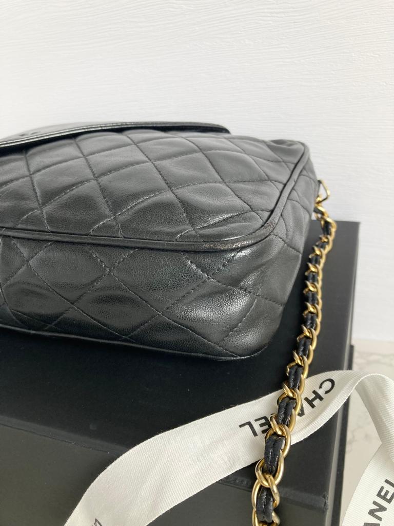 CHANEL Year 1989-1991 Series 1 Lamb Skin Black Classic Camera Bag 