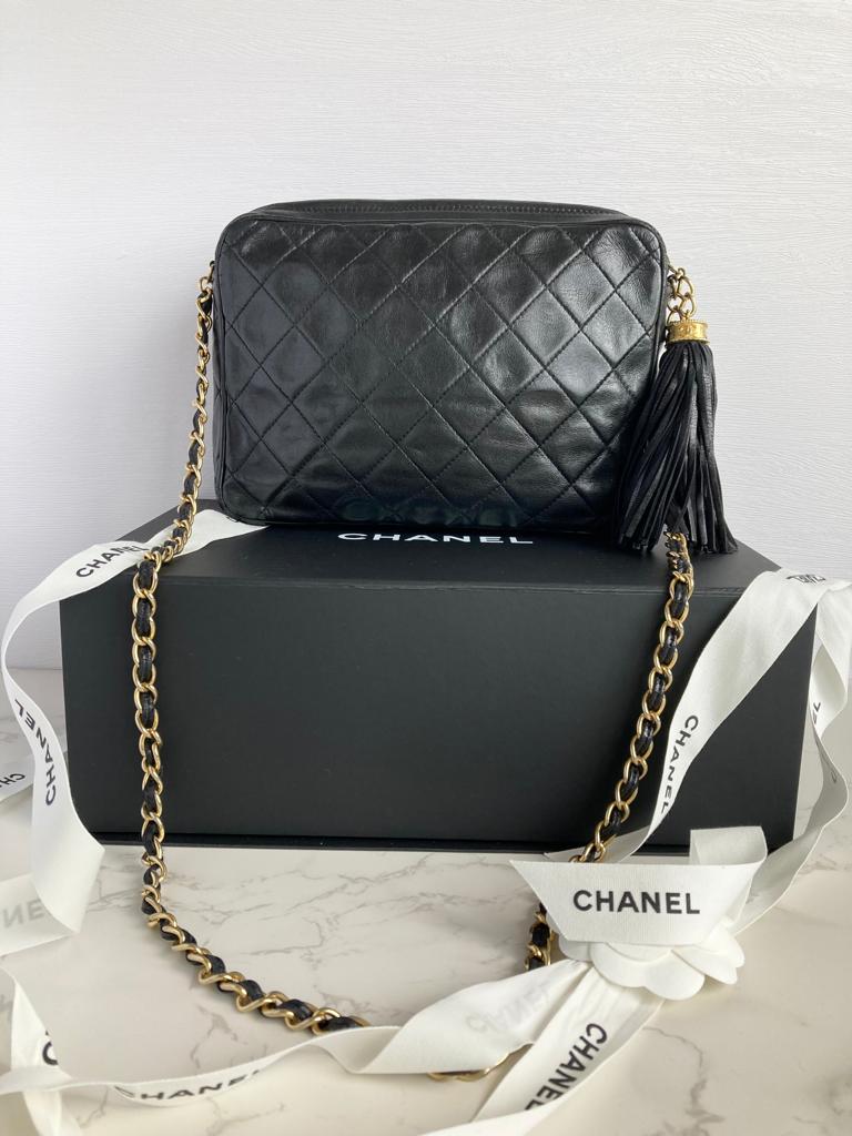 CHANEL Year 1989-1991 Series 1 Lamb Skin Black Classic Camera Bag 